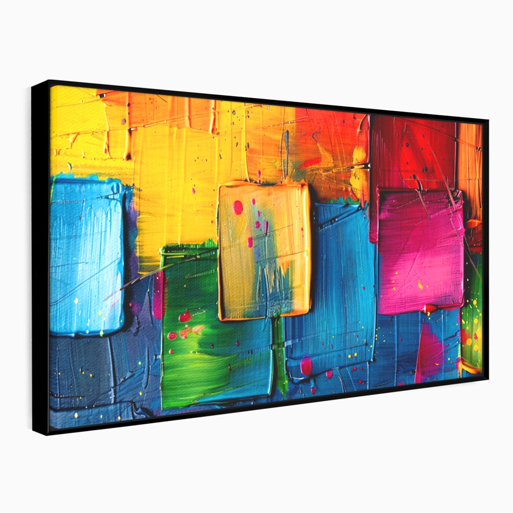 Tablou canvas cu pictura abstracta cu patrate colorate in relief, in rama de aluminiu negru